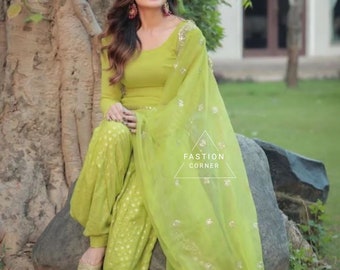 Handmade Green Punjabi Salwar Suit with Net Dupatta & Earrings