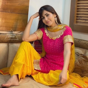 Yellow Pink Patiala Punjabi Suit Lace Work Readymade Indian Patiala Suit Kameez Dupatta Custom stitched Indian dresses for girls women&#39;s