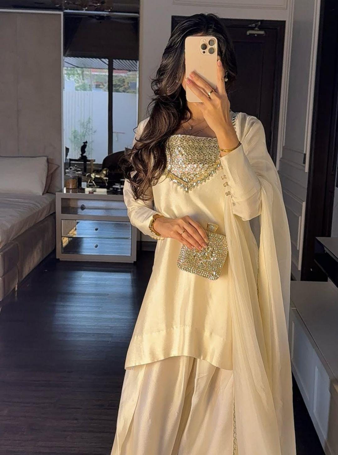 white formal pakistani dresses AZIRA – White Chiffon Pakistani Dress with Crystal Embroidery Shirt & Pants / M / Plain Dupatta