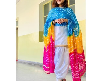 Handmade Punjabi Suit: White Salwar Kameez with Printed Organza Dupatta