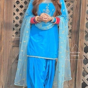 Sky Blue Salwar Kameez Suit Punjabi Patiala Soft Silk Handmade Kurta Dupatta Custom Stitched for Girls and Women