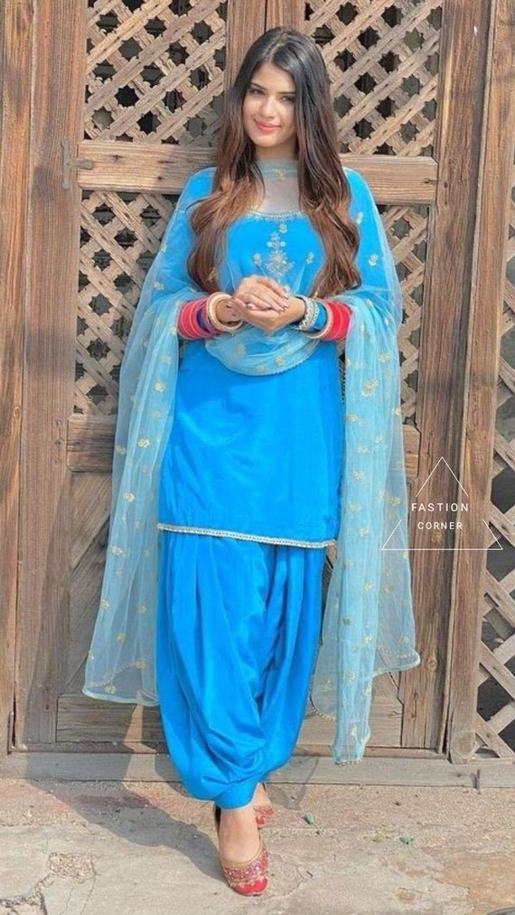 Sky Blue Salwar Kameez Suit Patiala Shalwar Suit Golden Lace Salwar Kameez  Designer Punjabi Patiala Salwar Suit for Women Patiala Dress - Etsy
