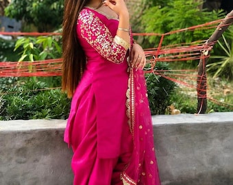 Pink Punjabi Patiala Suit: Embroidered Crepe Salwar Kameez Dupatta
