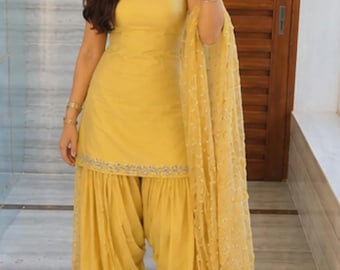 Yellow Crepe Patiala Salwar Kameez Suit, Laced Dupatta, Full Stitched (Indian Ethnic Wear)