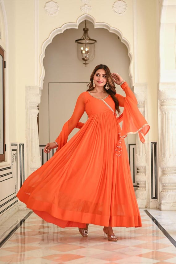 orange georgette dress Orange Color Trendy Georgette Floral Print Women's Gown