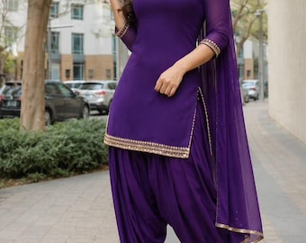 Designer Purple Georgette Patiala Salwar Kameez Set: Laced, Silk, Chiffon Dupatta (Full Stitched)