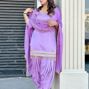 Purple Silk Punjabi Suit: Lace Work Patiala Salwar Kameez