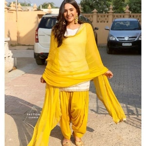 Yellow Punjabi Patiala Suit: Custom Stitched Salwar Kameez Dupatta