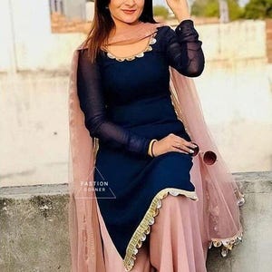 Blue & Pink Georgette Punjabi Suit: Indian Salwar Kameez with Chiffon Dupatta