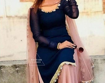 Blue & Pink Georgette Punjabi Suit: Indian Salwar Kameez with Chiffon Dupatta
