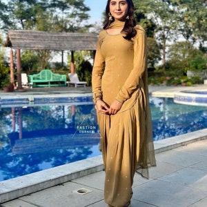 Designer Salwar Kameez Punjabi Patiala Suit Golden Handmade For Women's And Girls Custom made Suits and Dresses With Matching Earring