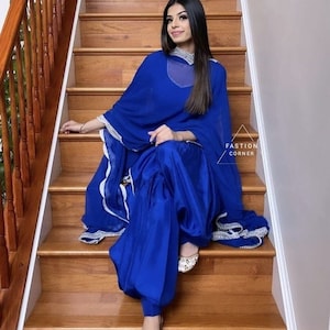 Designer Navy Blue Punjabi Patiala Suit Made To Measure Suit For Women and Girls Lace Work Silk Suit Salwar Kameez Suits Dress With Earring