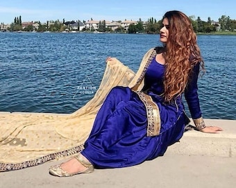 Blue Silk Punjabi Salwar Suit with Net Dupatta & Earrings