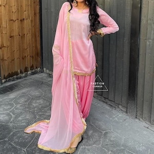 Pink Salwar Kameez Suit Punjabi Patiala Suit Silk Kurta Dupatta Custom Stitched for Girls and Women With Matching Earring Gift
