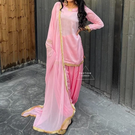 Pink Satin Silk Punjabi Suit: Custom Stitched Salwar Kameez With