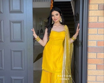 Indian Designer Yellow Kurti Sharara Set: Georgette Partywear Suit