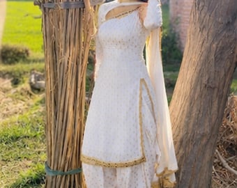 White Georgette Silk Punjabi Suits for Women: Full Stitch, Lace Embellished (Wedding Eid Wear)