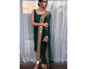 Custom Punjabi Suit: Crepe Kurti, Stretch Pajami, Banarsi Net Dupatta