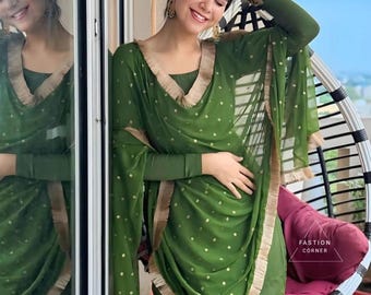 Handmade Green Crepe Punjabi Suit with Chiffon Dupatta
