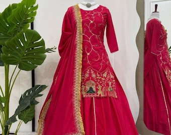 Geborduurd Sharara Kurti-pak van ruwe zijde: Pakistaanse designerkleding