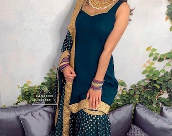 Bottle Green Sharara Suit: Brocade Silk Indian Palazzo Salwar Kameez