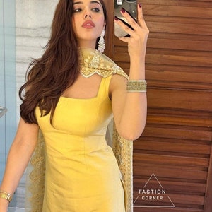 Yellow Crepe Patiala Salwar Kameez Suit: Indian Designer Dress