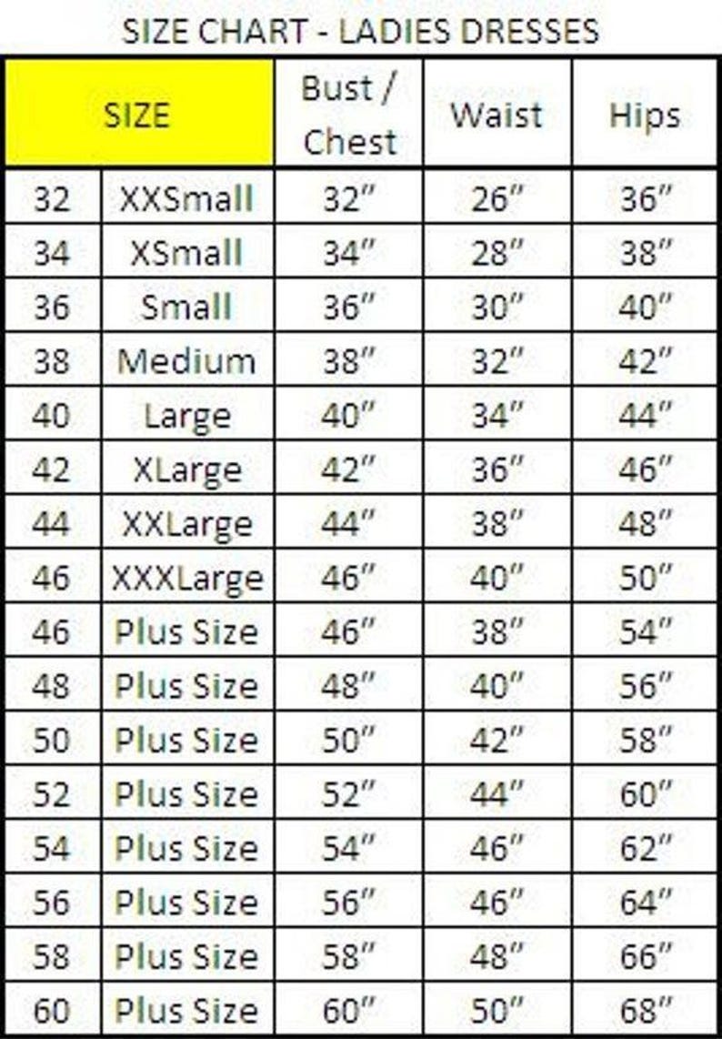 Pu&ograve; includere: Tabella delle taglie per abiti da donna, con misure in pollici per busto, vita e fianchi. Le taglie vanno da XXSmall a Plus Size 60. La tabella &egrave; in formato tabella con un'intestazione gialla.
