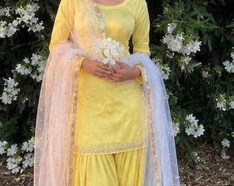 Yellow Satin Silk Pakistani Punjabi Suit Embroidered Patiala Salwar Kameez Custom Made