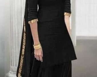 Black Silk Punjabi Suit with Lace: Salwar Kameez Kurti Set