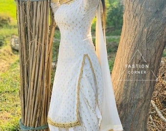 Salwar Kameez in georgette di seta bianca / Abito tradizionale punjabi da donna