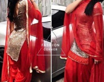 Sequence Kameez Red Georgette salwar Punjabi Patiala Salwar Suits for women Girls Designer Punjabi Party Wear Suits dress with Earring