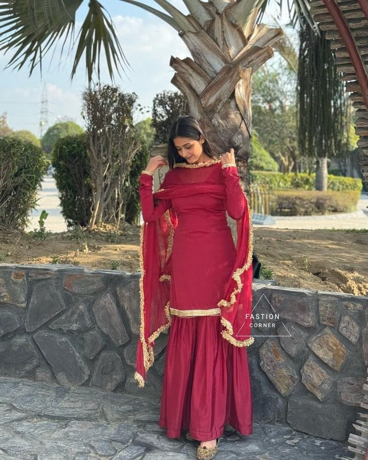 red patiyala dress Red Punjabi Patiala Suit: Custom Stitched Crepe Shalwar Kameez