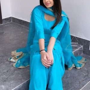 Handmade Sky Blue Punjabi Patiala Suit Dupatta Latest designer salwar Kameez Custom Stitched Dress for Women and Girl Made to measurement