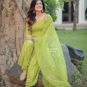 Handmade Green Punjabi Designer Salwar suit party wear Punjabi Salwar Suit With Net Dupatta Made To Measure For girl and women With Earring