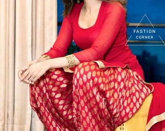 Custom Red Georgette Patiala Salwar Kameez Suit with Brocade Silk & Chiffon Dupatta Party Wear