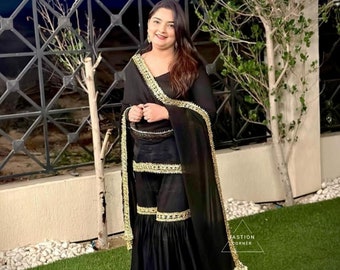 Black Satin Silk Sharara Suit: Indian Designer Partywear with Embroidery