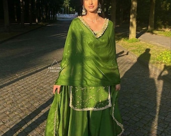Green Silk Sharara Suit: Indian Wedding Dress, Pakistani Festive Wear