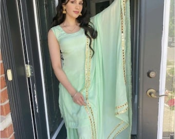 Mint Green Punjabi Suit, Mirror Work Dupatta, Indian Salwar Kameez