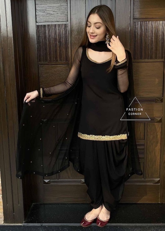 Black Silk Punjabi Suit: Custom Stitched Salwar Kameez With Net Dupatta -  Etsy Norway