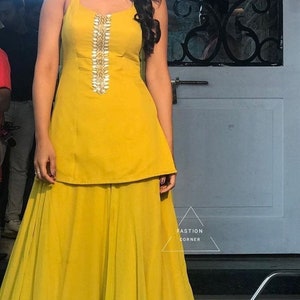 Yellow Georgette Sharara Suit: Indian Pakistani Salwar Kameez with Earrings