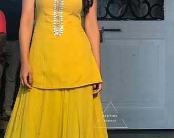 Yellow Georgette Sharara Suit: Indian Pakistani Salwar Kameez with Earrings