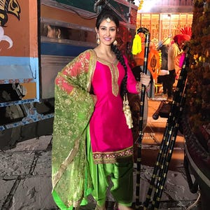Pink Green Salwar Kameez Suit Net Dupatta Indian Ethnic Designer Party Wear Custom Stitched Dress For Women made to measure with earring