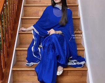 Navy Blue Punjabi Suit: Crepe Silk Salwar Kameez with Lace Dupatta