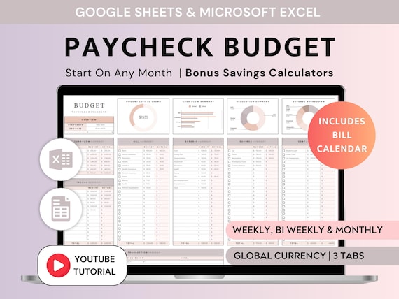 Paycheck Budget Spreadsheet Template: Excel & Google Sheets Personal Finance Planner Monthly Bi-Weekly Expense Tracker