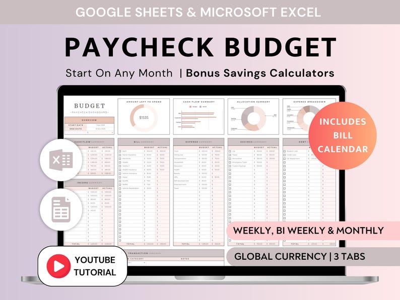 Paycheck Budget for Excel and Google Sheets Budget By Paycheck Spreadsheet Bill Tracker Simple Monthly Bi-weekly Weekly Budget Planner Template, automatically calculating budget template for excel google sheets, start on any month, easy to use
