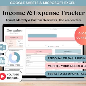 Plantilla de hoja de cálculo para el seguimiento de ingresos y gastos / Excel y Google Sheets Finanzas personales Contabilidad de pequeñas empresas Pérdidas y ganancias