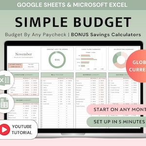 Könnte beinhalten: Ein Laptop-Bildschirm zeigt eine Budget-Tabelle mit der Aufschrift "SIMPLE BUDGET". Der Bildschirm zeigt Diagramme und Tabellen zur Finanzverfolgung, mit Text wie "Budget By Any Paycheck" und "Bonus Savings Calculators". Der Text "Start on Any Month" ist ebenfalls zu sehen.