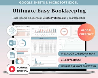 Sjabloon voor eenvoudig boekhouden: Excel en Google Spreadsheets Financiële planner voor kleine bedrijven winst en verlies (digitale download)