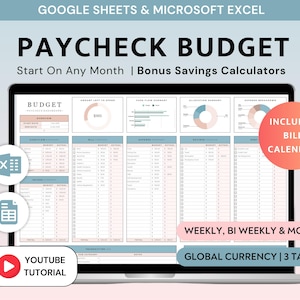 Paycheck Budget Tracker Spreadsheet Template: Excel & Google Sheets Monthly Bi-Weekly Expense Planner Personal Finance Worksheet