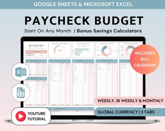 Paycheck Budget Excel Budget By Paycheck Spreadsheet Google Sheets Monthly Bi-Weekly Weekly Budget Planner Personal Finance Template Excel